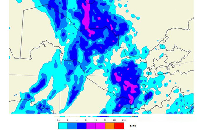 Карта распределения осадков в Узбекистане на 26 марта.